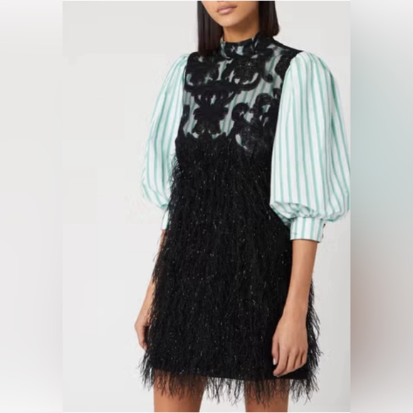 GANNI  Feathery Metallic Balloon Sleeve Minidress In Black,green,white in Sz L - Picture 7 of 7